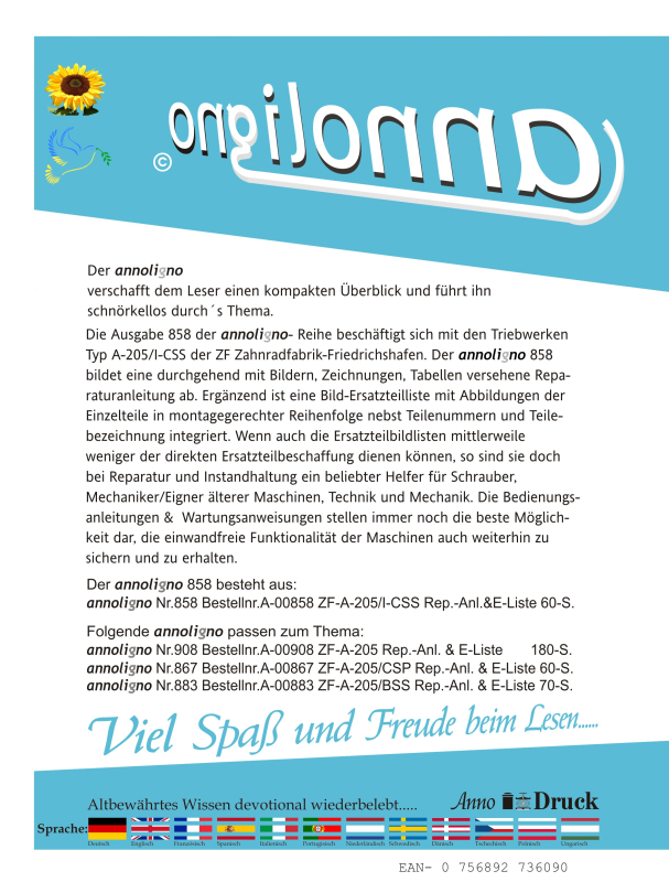 ZF Zahnradfabrik-Friedrichshafen Triebwerke Typ A-205/I-CSS Reparaturanleitung & Bild-Ersatzteilliste & Explosionszeichnungen - annoligno 858